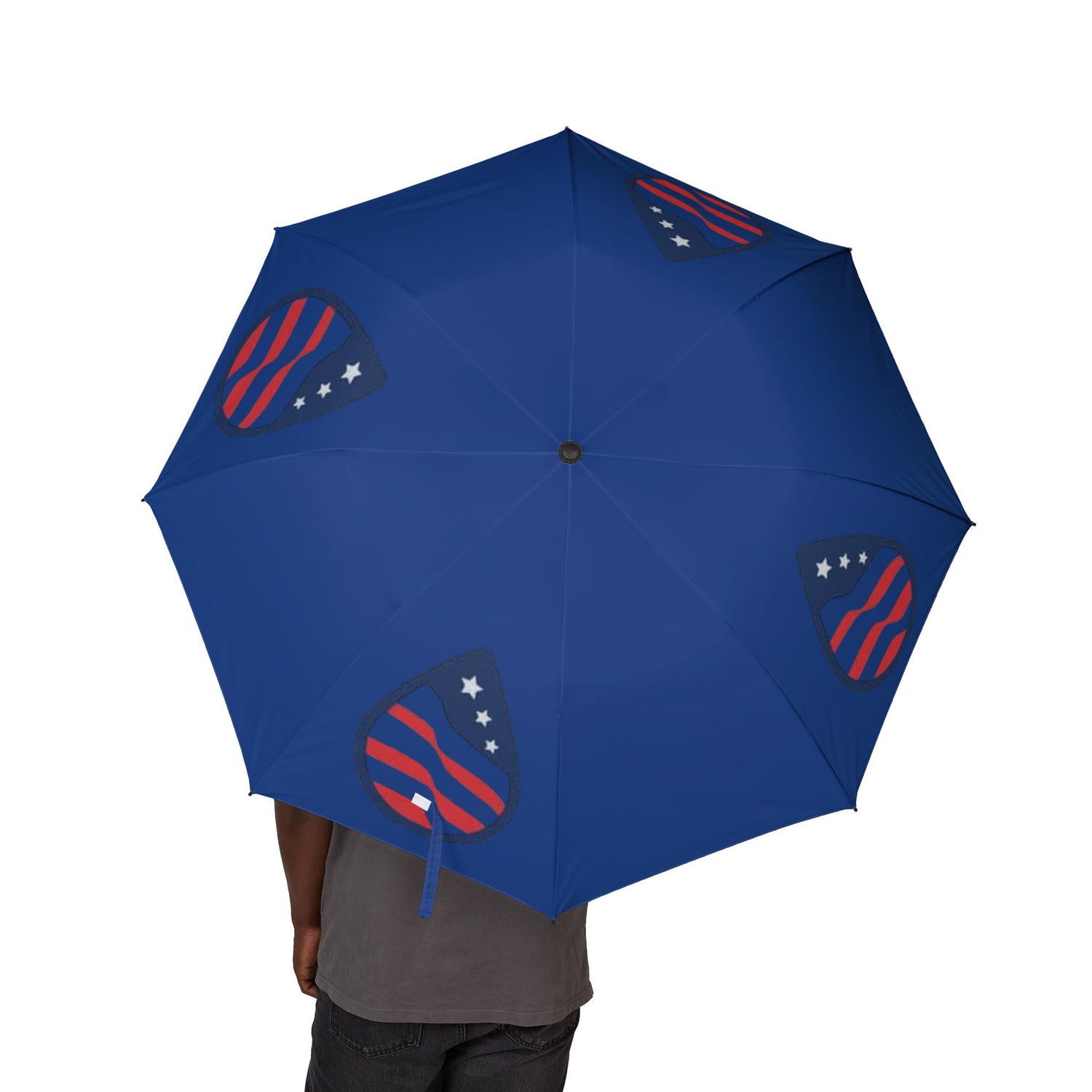 Patriox Foldable Umbrella — Blue Rain Compact with Red & White Flag Emblem