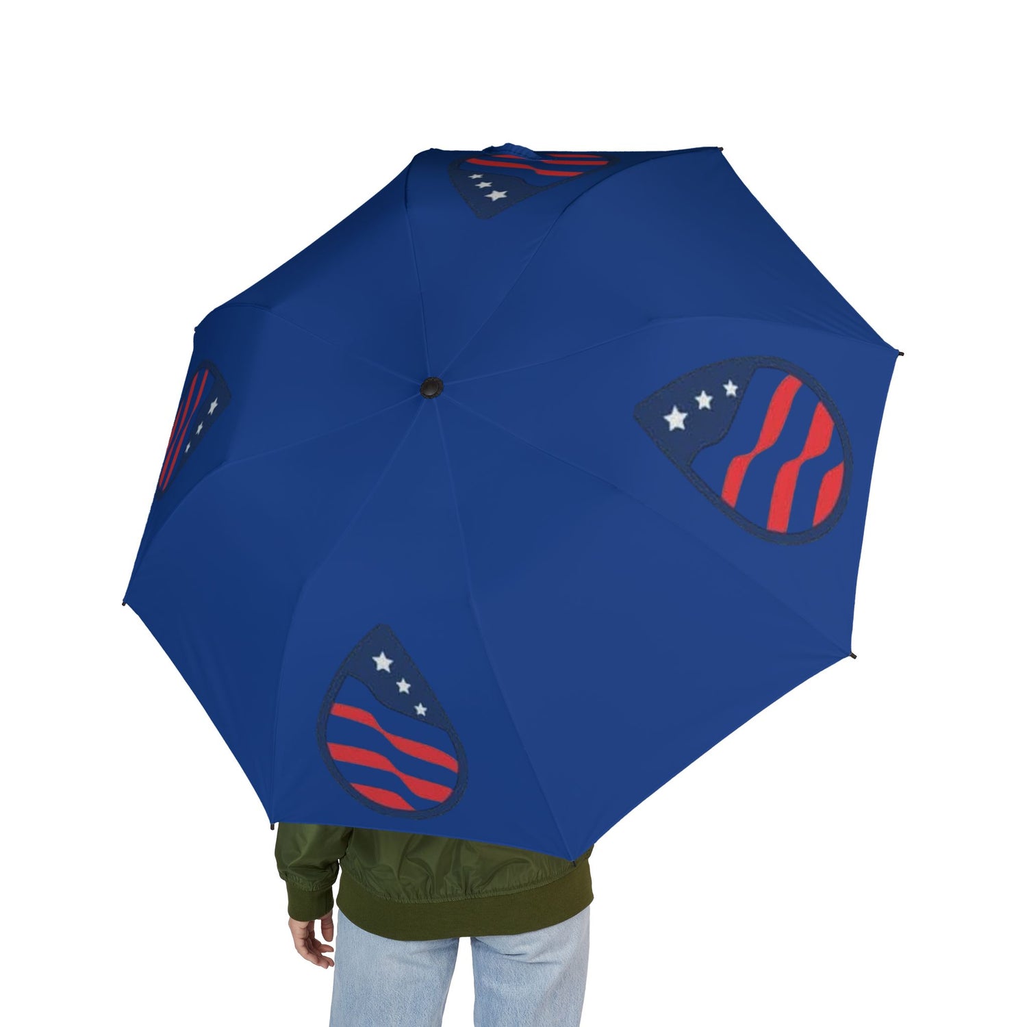 Patriox Foldable Umbrella — Blue Rain Compact with Red & White Flag Emblem
